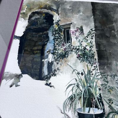 Framed Matted Water Color of Plants in the Doorway Artist: Ann V. Maak 