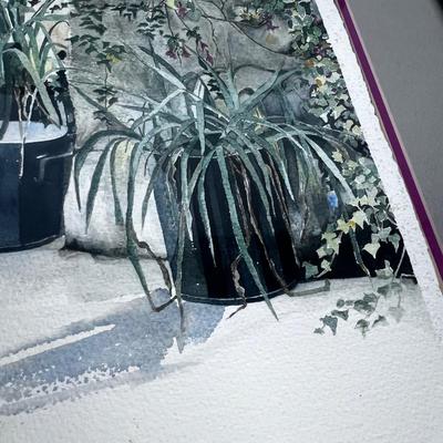 Framed Matted Water Color of Plants in the Doorway Artist: Ann V. Maak 