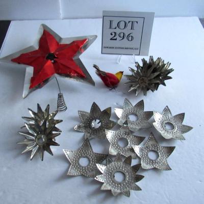 Antique Christmas Tin Light Reflectors, Aluminum Tree Topper, Cotton Bird