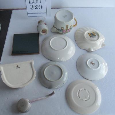 Misc Lot of Small Dishes, Lusterware Ladle, Cat Wall Pocket, More
