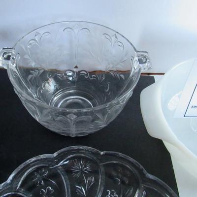Misc Kitchen Glassware Lot, Salt Dip, Ice Bucket, Tray, Casserole