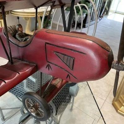 Vintage Large Wooden Carved Biplane w/Red Baron Fighter Pilot Believed to be Made in Lancaster Pa. 30" Wide x 27" Long x...