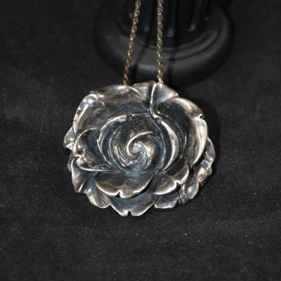 Vintage 925 Sterling Rose Pin/Pendant w/ 925 Rope Chain 24" 26.3g