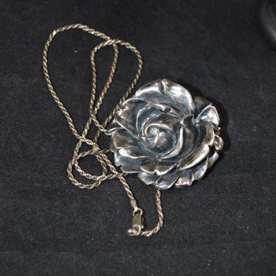 Vintage 925 Sterling Rose Pin/Pendant w/ 925 Rope Chain 24" 26.3g