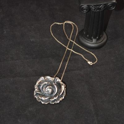 Vintage 925 Sterling Rose Pin/Pendant w/ 925 Rope Chain 24" 26.3g