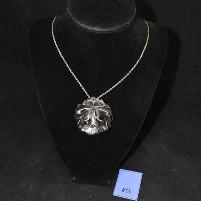 Vintage 925 Sterling Rose Pin/Pendant w/ 925 Rope Chain 24" 26.3g