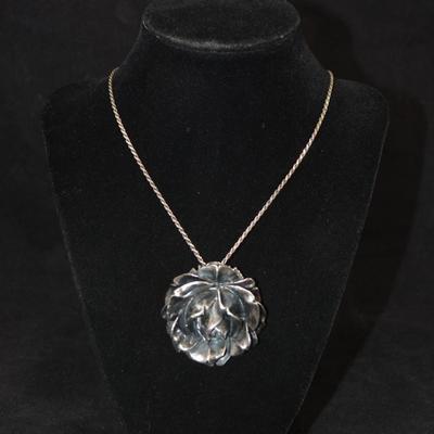 Vintage 925 Sterling Rose Pin/Pendant w/ 925 Rope Chain 24" 26.3g