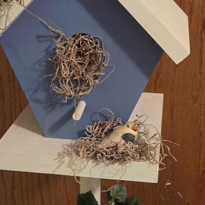Faux Floral and Wood Bird House Deco