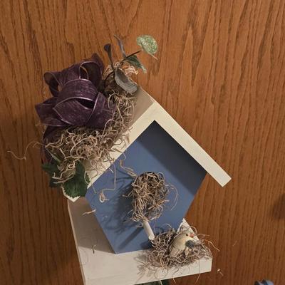 Faux Floral and Wood Bird House Deco