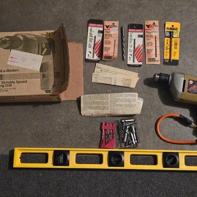 Vintage Black & Decker Drill, New Unopened Bits, and Level
