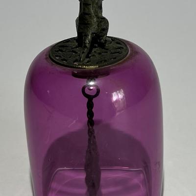 Victorian Very Scarce Amethyst Glass Table Bell w/Cold Painted Cat & Mouse c1890's 4" Tall in VG Condition.
