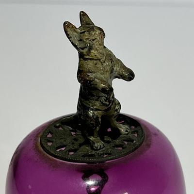 Victorian Very Scarce Amethyst Glass Table Bell w/Cold Painted Cat & Mouse c1890's 4" Tall in VG Condition.