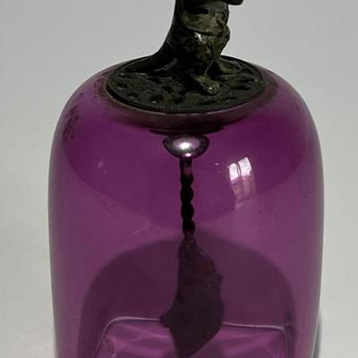 Victorian Very Scarce Amethyst Glass Table Bell w/Cold Painted Cat & Mouse c1890's 4" Tall in VG Condition.