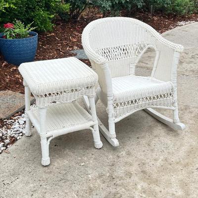 White Weather-Proof Wicker Rocker & Matching Table | EstateSales.org