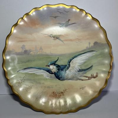 Limoges France Hand Painted Flying Bluejay Porcelain 9" Plate as Pictured.