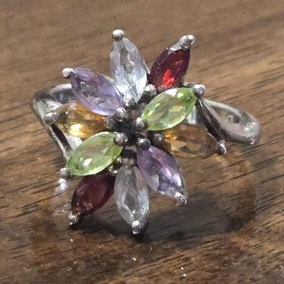 Sterling Silver Peridot, Ruby, Citrine, Amethyst & Aquamarine Ring