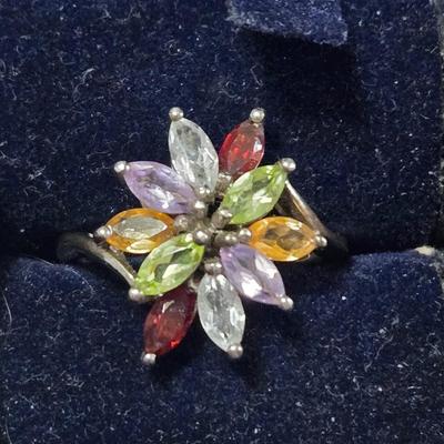 Sterling Silver Peridot, Ruby, Citrine, Amethyst & Aquamarine Ring