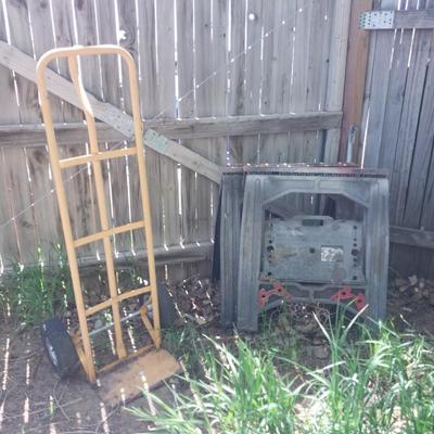 HANDTRUCK AND TWO SAWHORSES