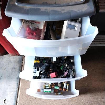 THREE DRAWER CONTAIN WITH MISCELANEOUS ELECTRICAL PARTS