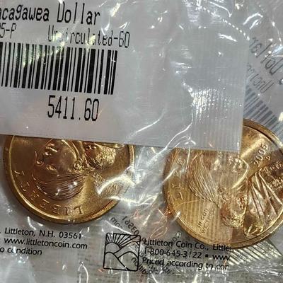 Uncirculated money $2- 2003, (2) $1- 2003 and (2) 2005 $1 coin D Sacagawea