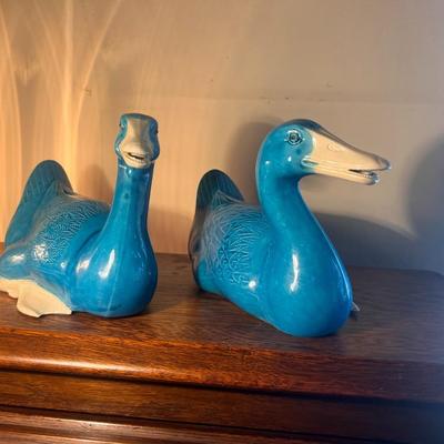 Pair Vintage Glazed Chinese Ceramic Ducks