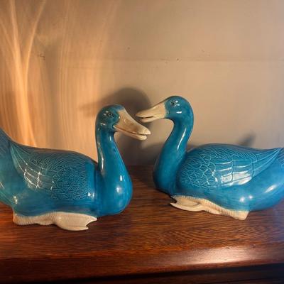Pair Vintage Glazed Chinese Ceramic Ducks