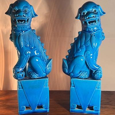 Pair Vintage Chinese 12" Tall Turquoise Blue Porcelain Foo Dogs