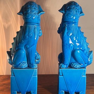 Pair Vintage Chinese 12" Tall Turquoise Blue Porcelain Foo Dogs
