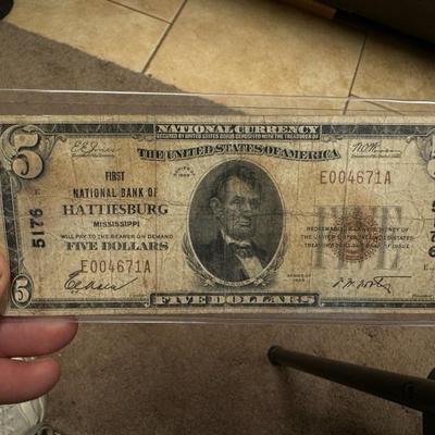 $5 1929 Hattiesburg MS National Currency Bank Note Bill Ch VF20