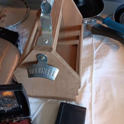 Wooden bottle crate with opener