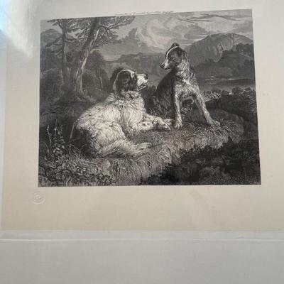 Edward Landseer 1828 Lithograph "Two Dogs on a Grassy Bank", Print by Benjamin Phelps Gibson