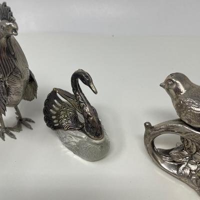 Collection Pair Silverplated Rooster, Swan, and Two Birds Stopper