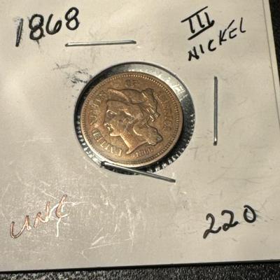 1868 III CENT NICKEL UNCIRCULATED