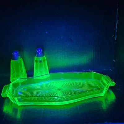 Antique 1930s Uranium Vaseline Glowing Glass Salt Pepper Shakers and serving dish