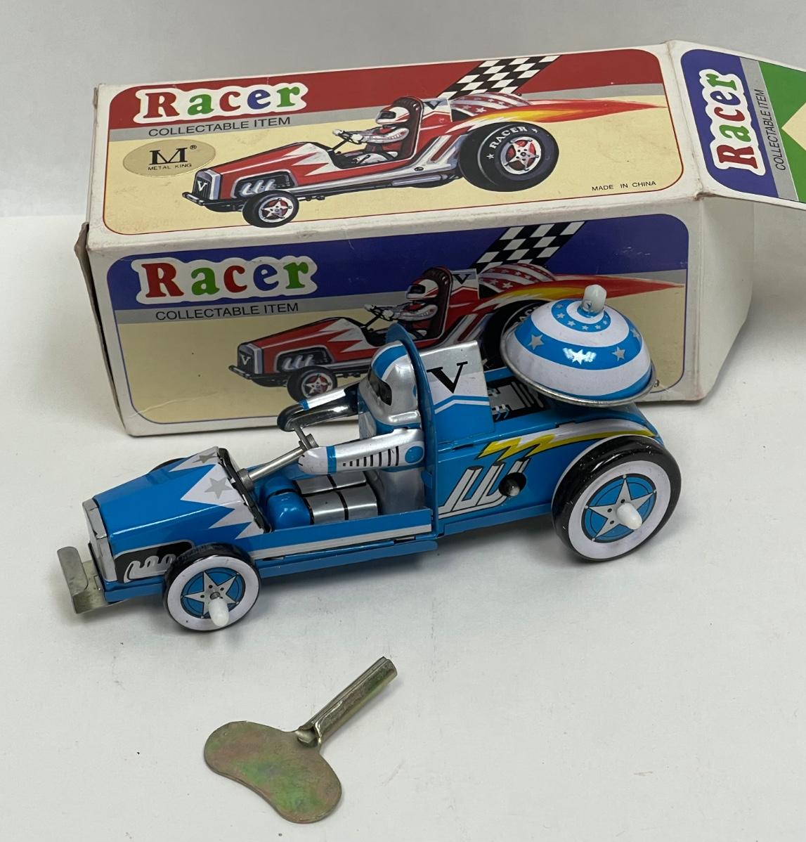 Vintage Tin Toy Clockwork Racer Metal King Collectable Blue Race Car ...