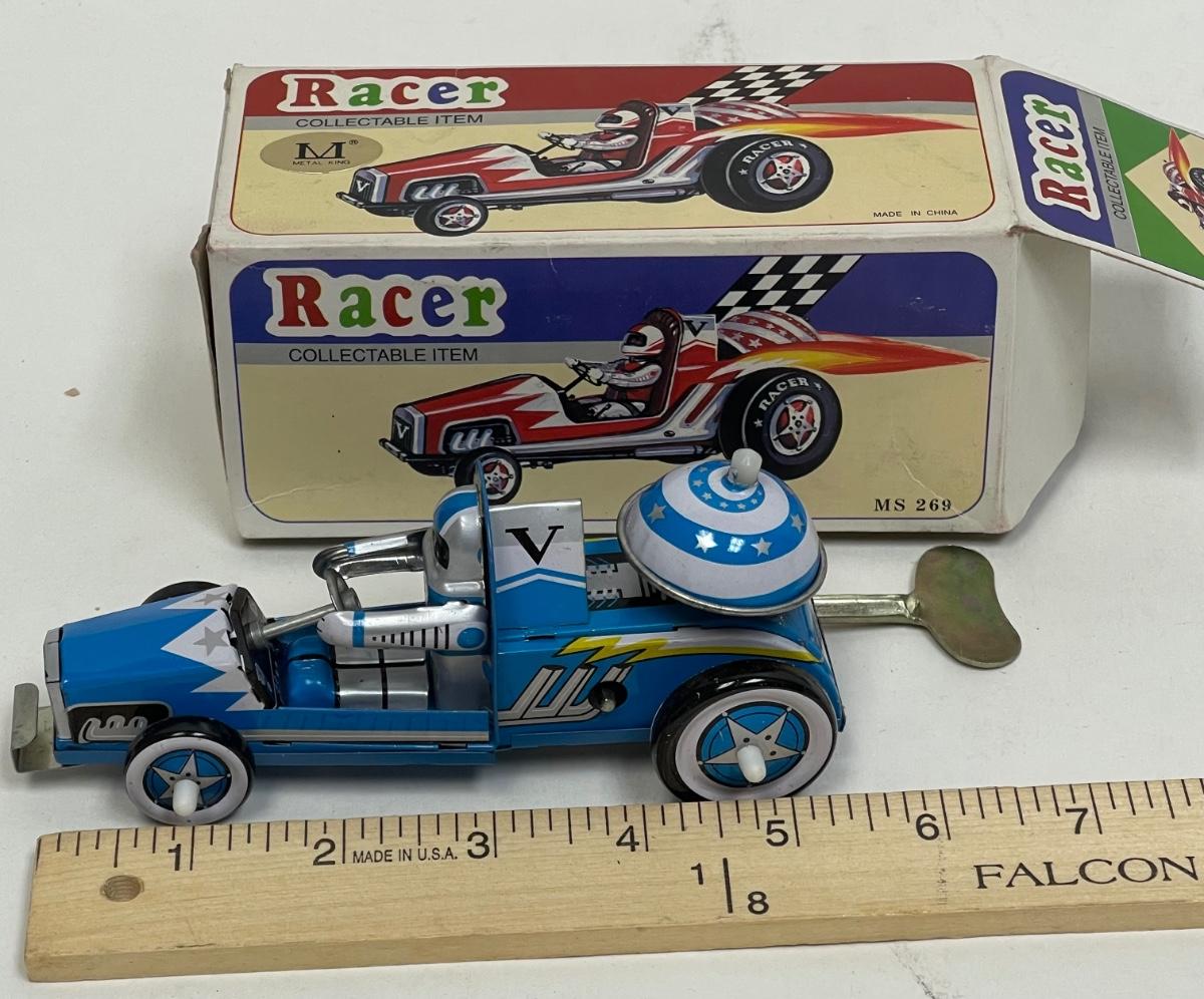 Vintage Tin Toy Clockwork Racer Metal King Collectable Blue Race Car ...