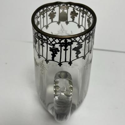 Antique Silver Overlay Early Etched Leaded Glass Pitcher 9-3/4" Tall in VG Preowned Condition.