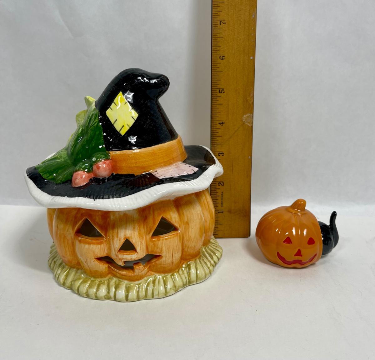 Ceramic Vintage Halloween Decor - Jack o Lantern Candle Holder and cat ...