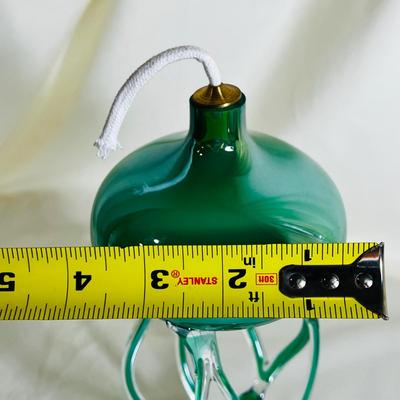 Jozefina Krosno Green Iridescent Oil Lamp Art Glass Jellyfish Sculpture Vintage