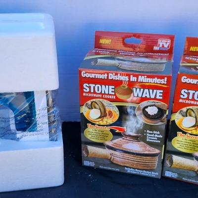 Two Stone Wave Microwave Cooker Stoneware Baking Pan & Cordless Iron