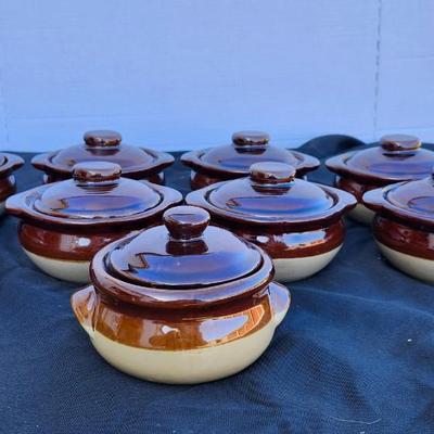 Nine Vintage Small Stoneware Covered French Onion Soup Bowls/Glazed Stoneware Covered Bowls