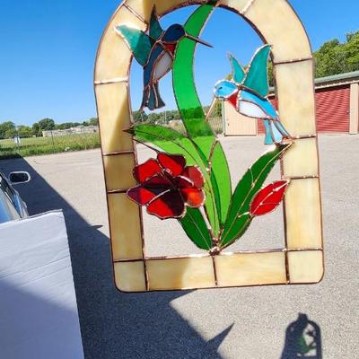 Vintage Stained Glass Panel Hanging Sun Catcher 2 birds With Floral Design