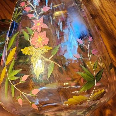 Vintage Hand Crafted, Hand Painted Romanian Crystal & Murano Green/Pink Hand Blown Vases