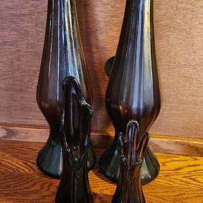 Vintage Purple Amethyst 5 Finger Glass Swung Vases and Two Tall Purple Florentina Vase