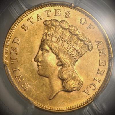 1856 Gold 3 $ Coin Graded MS 61