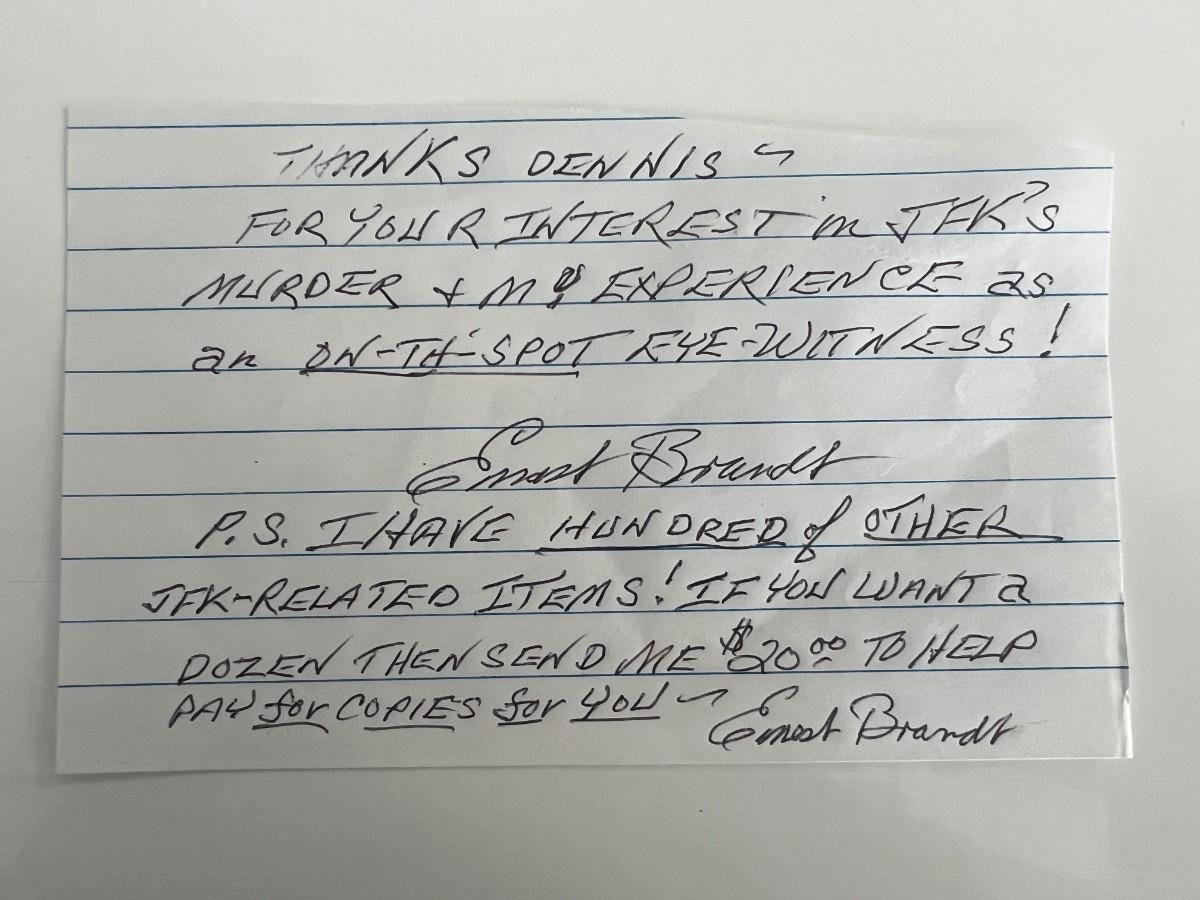 JFK Assassination Ernest Brandt signed note | EstateSales.org