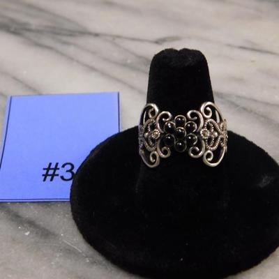 Vintage 1925 Sterling Onyx and Marcasite Filigree Ring Size 8.5 - 2.6g