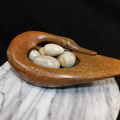 Vintage Soapstone Swan w/ 5 Soapstone Eggs 11"x3.5"