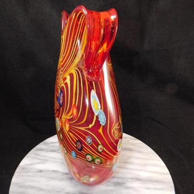 Murano Millefiori Pulled Feather 11" Double Handle Vase
