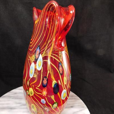 Murano Millefiori Pulled Feather 11" Double Handle Vase